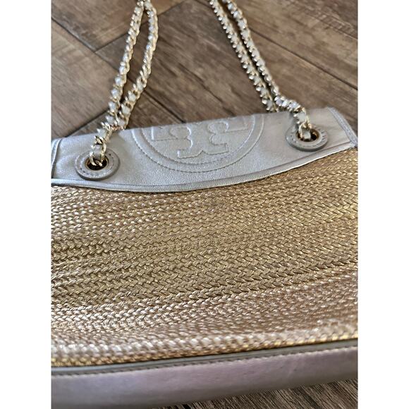 Tory Burch Women's gold and Silver raffia Fleming Metallic Flap Shoulder Bag - Picture 4 of 9